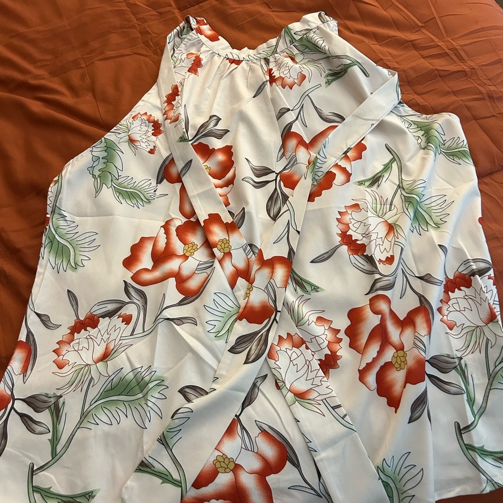 SHEIN White and Orange Floral Wrap Blouse